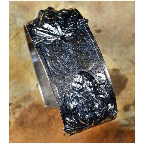 EC-012 Cuff Bracelet Antiqued Silver Solid Brass Sculptural Frogs $105 at Hunter Wolff Gallery